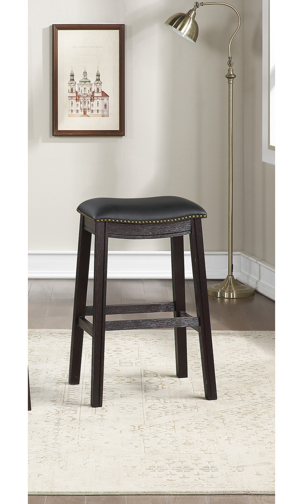 29"H PU Upholstered Dining Stool Set of 2, with Nailhead Trim, and Wooden Frame, for Restaurant, Cafe, Tavern, Office, Living Room - Black