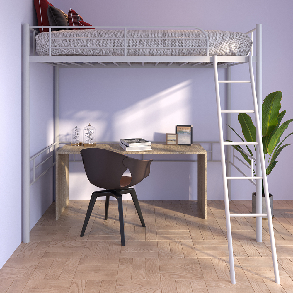 Twin-Size Loft Bed Frame with Ladder, and Steel Slats Support, for Kids, Teens, Boys, Girls (Frame Only) - White