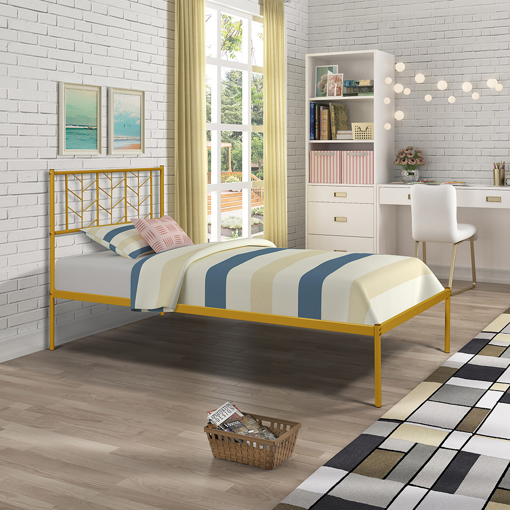 Twin-Size Metal Platform Bed Frame with Headboard and MDF Slats Support, No Box Spring Needed (Only Frame) - Gold