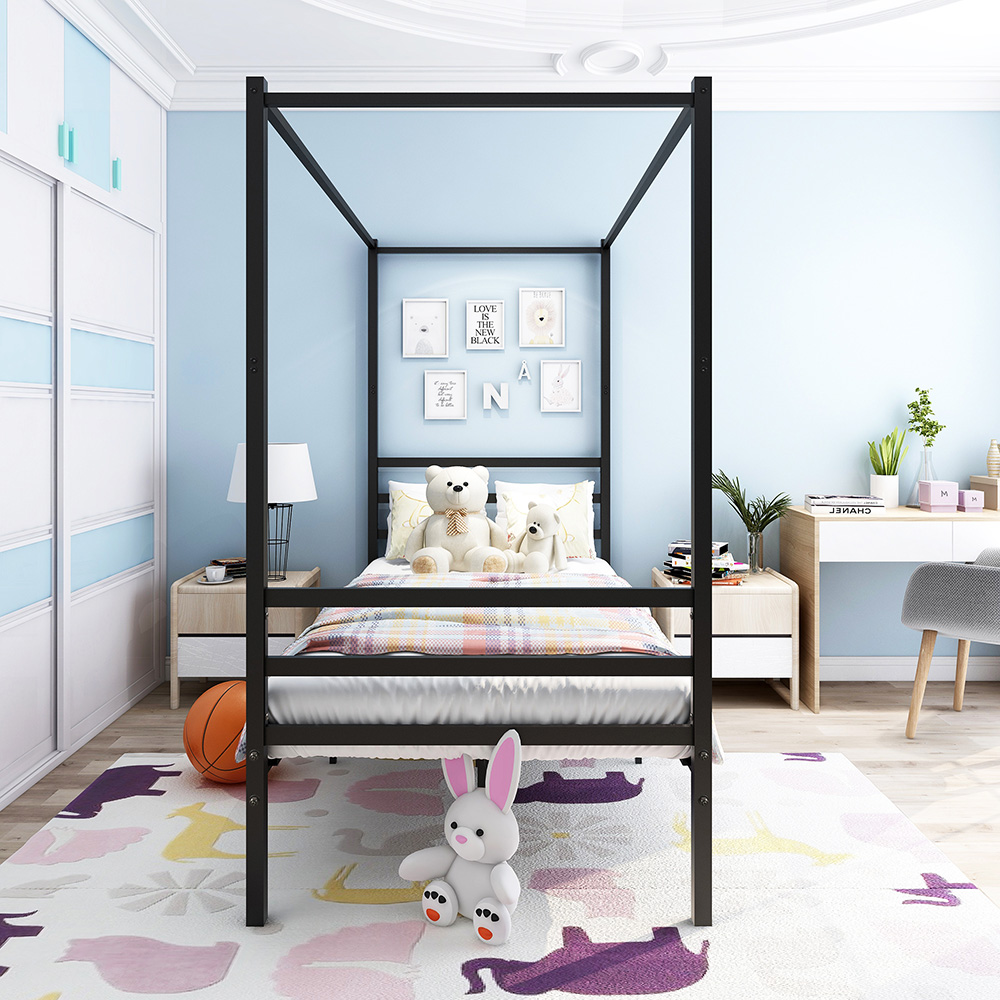 Twin-Size Canopy Platform Bed Frame with 4 Pillars and Metal Slats Support, No Box Spring Needed (Only Frame) - Black