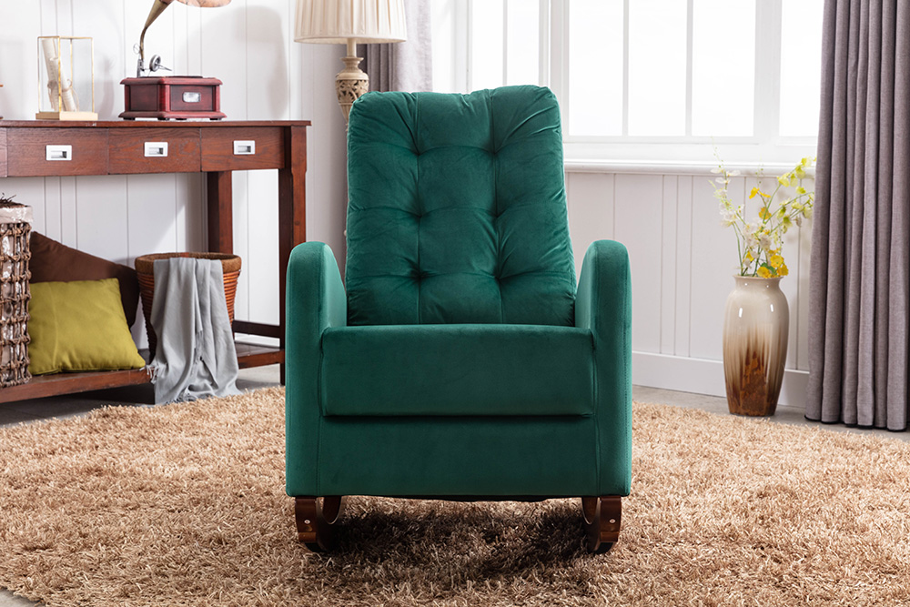 Velvet Upholstered Rocking Chair with Solid Wood Base and High Backrest, for Living Room, Bedroom, Dining Room, Nursery - Green