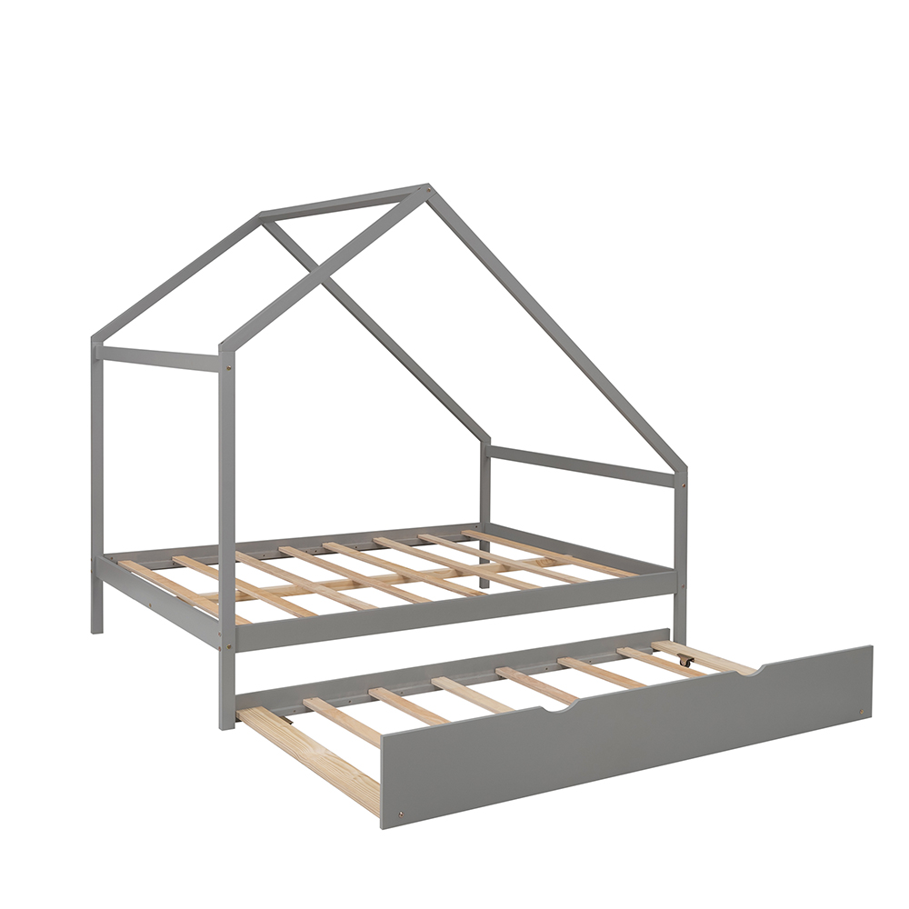 Full Size House-shaped Platform Bed Frame with Twin Size Trundle, and Wooden Slats Support, No Box Spring Needed (Only Frame) - Gray