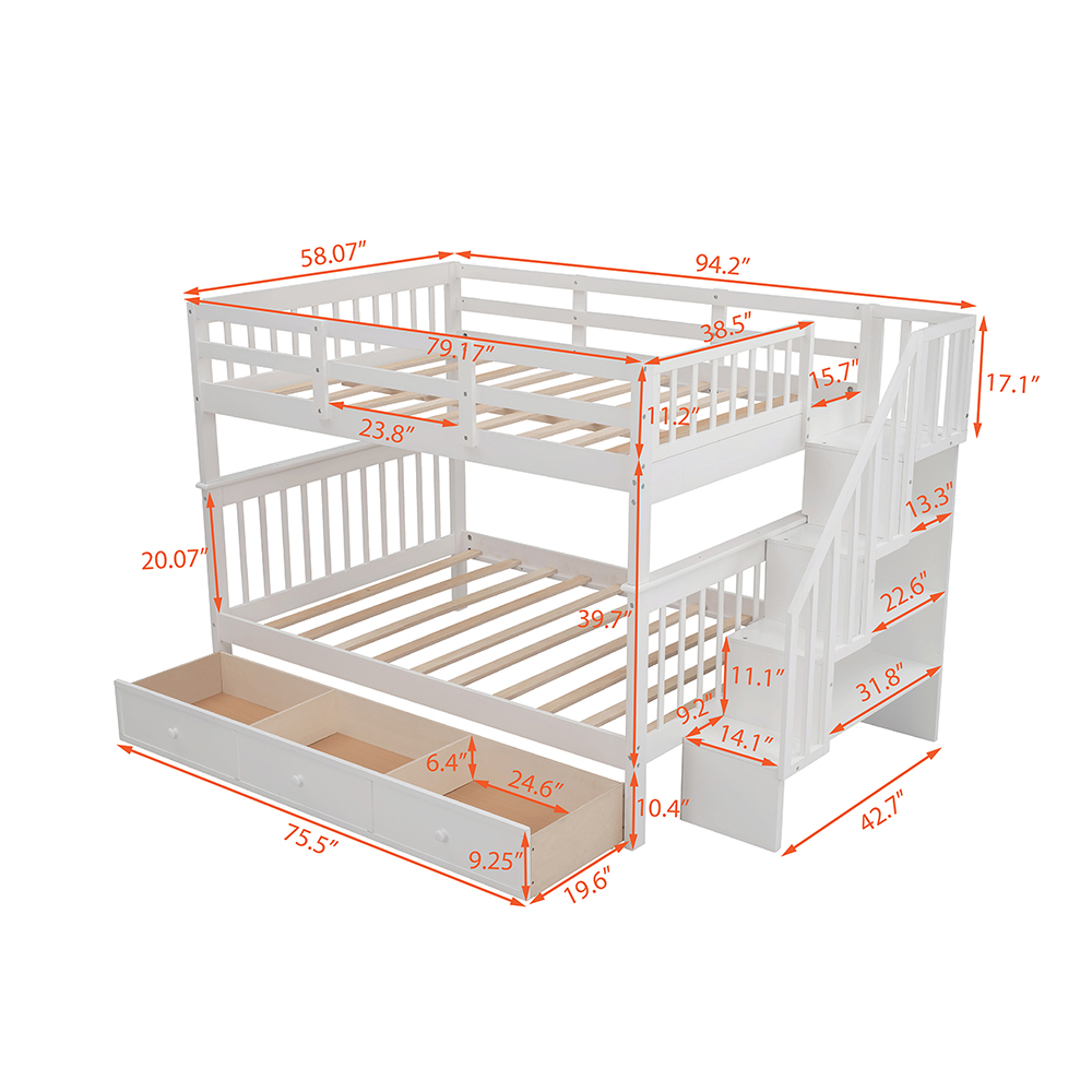 Full-Over-Full Size Bunk Bed Frame with Drawers, Storage Shelves, and Wooden Slats Support, for Kids, Teens, Boys, Girls (Frame Only) - White