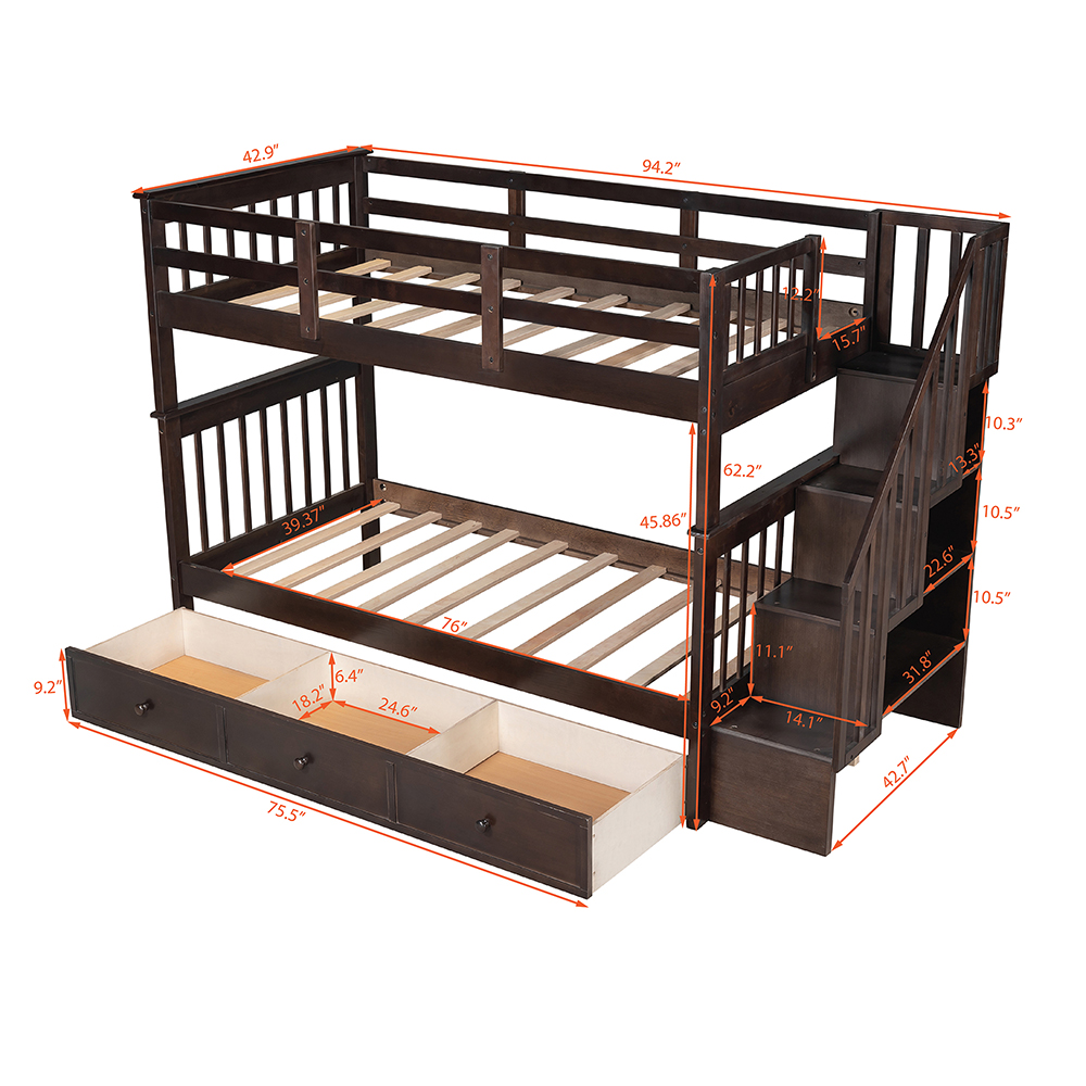 Twin-Over-Twin Size Detachable Bunk Bed Frame with Drawers, Storage Shelves, and Wooden Slats Support, for Kids, Teens, Boys, Girls (Frame Only) - Espresso
