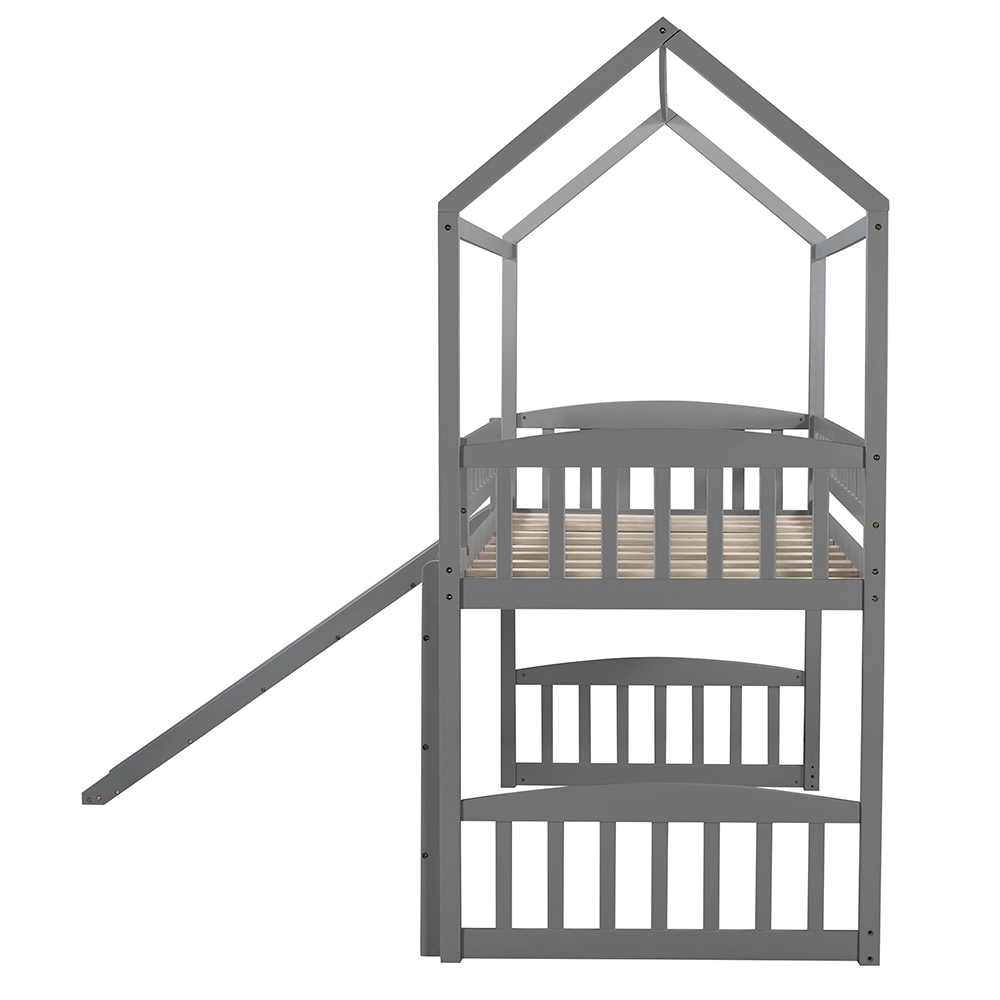 Twin-Size House-Shaped Loft Bed Frame with Slide, Ladder and Wooden Slats Support, No Box Spring Required, for Kids, Teens, Boys, Girls (Frame Only) - Gray