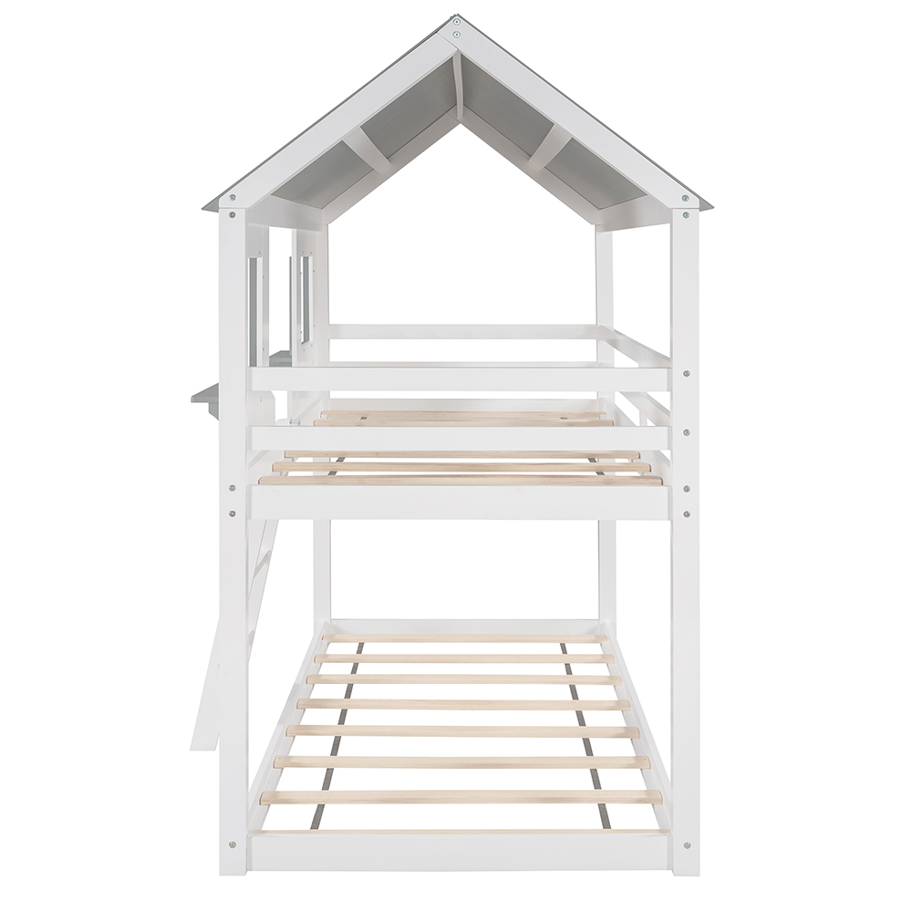 Twin-Over-Twin Size House-shaped Bunk Bed Frame with Ladder, and Wooden Slats Support, for Kids, Teens, Boys, Girls (Frame Only) - White