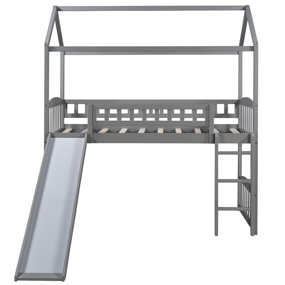 Twin-Size House-Shaped Loft Bed Frame with Slide, Ladder and Wooden Slats Support, No Box Spring Required, for Kids, Teens, Boys, Girls (Frame Only) - Gray