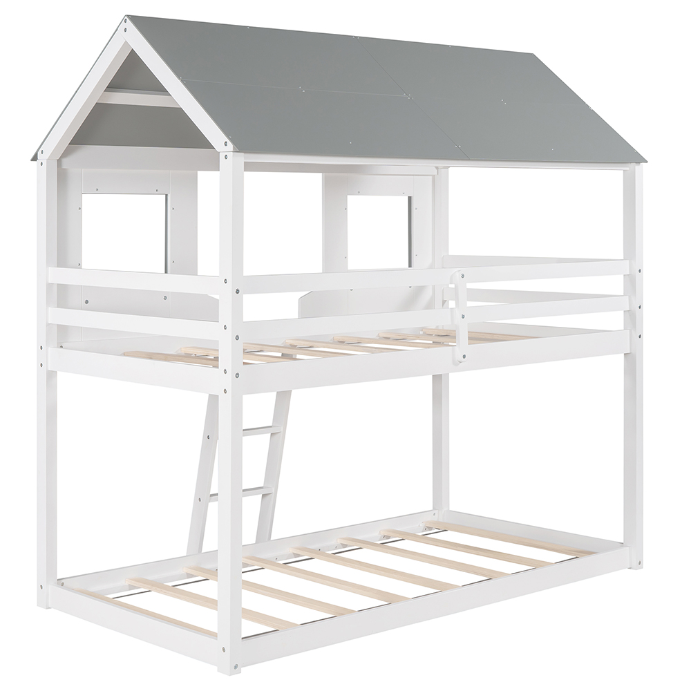Twin-Over-Twin Size House-shaped Bunk Bed Frame with Ladder, and Wooden Slats Support, for Kids, Teens, Boys, Girls (Frame Only) - White