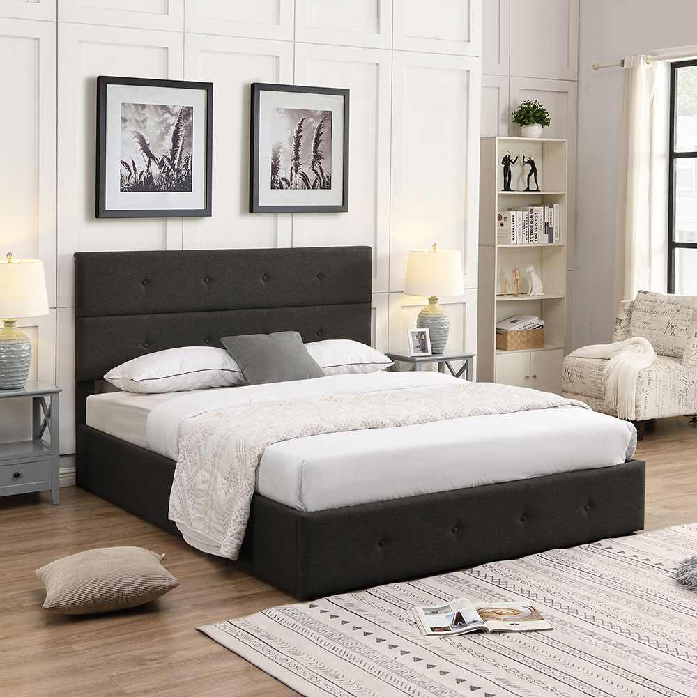 Queen Size Upholstered Platform Bed Frame with Storage Space, Headboard and Wooden Slats Support, No Box Spring Needed (Only Frame) - Gray