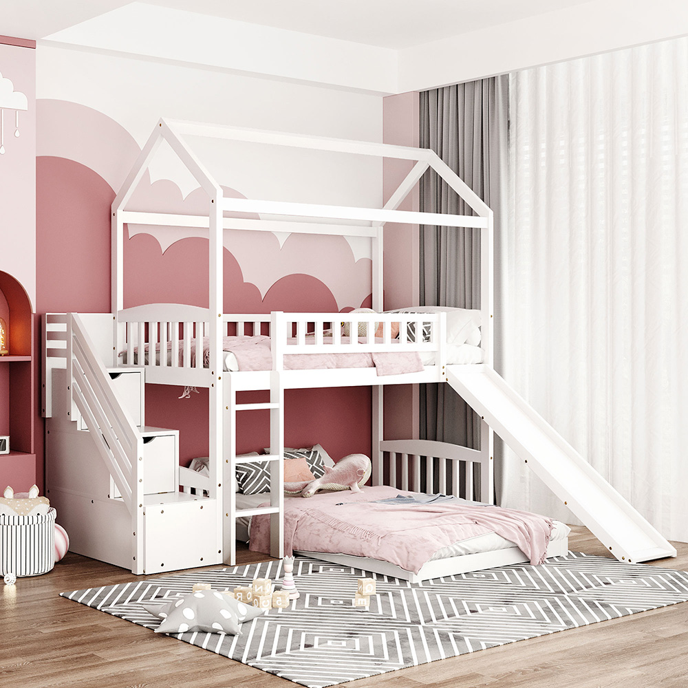 Twin-Over-Twin Size House-shaped Bunk Bed Frame with 2 Storage Drawers, Slide, Ladder, and Wooden Slats Support, for Kids, Teens, Boys, Girls (Frame Only) - White