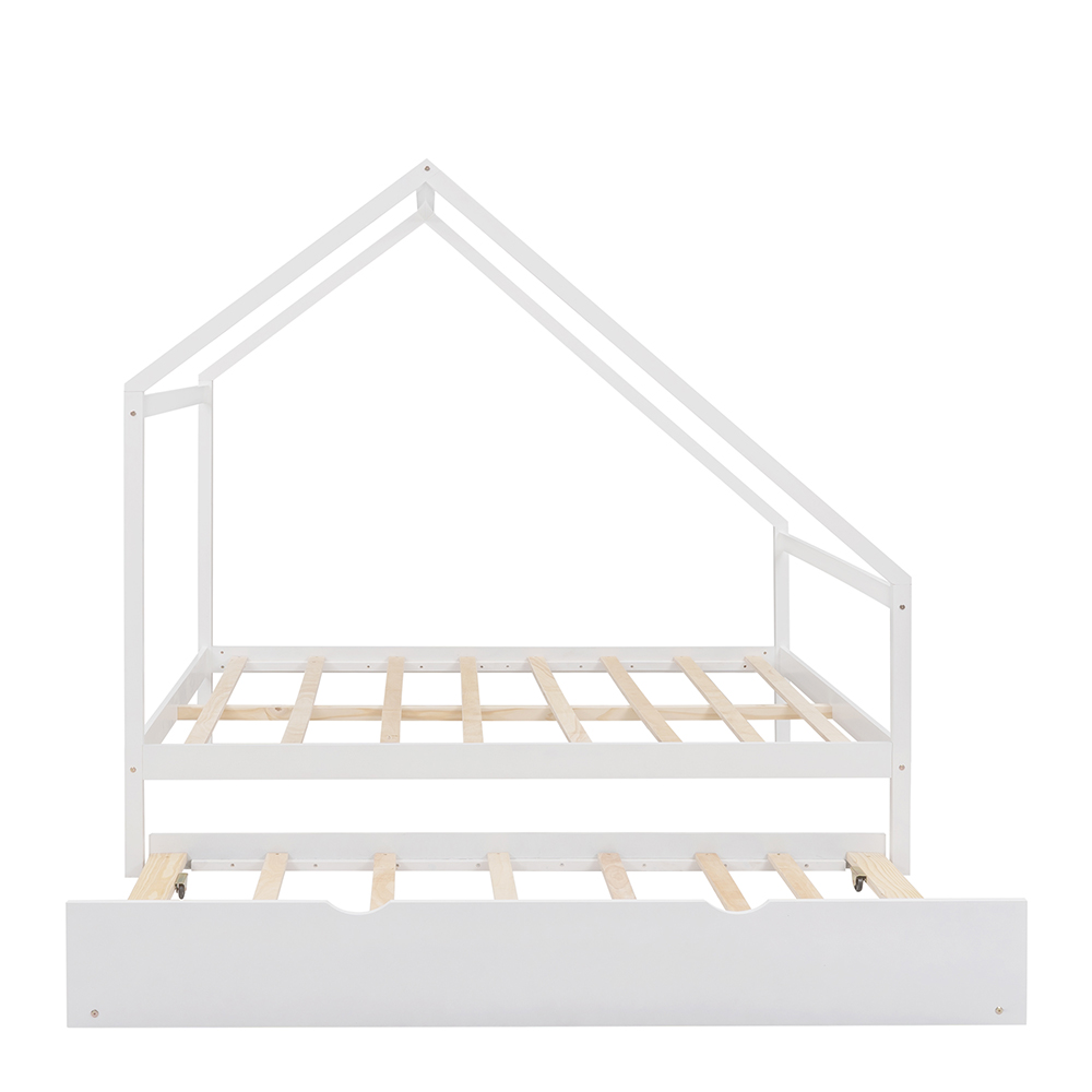 Full Size House-shaped Platform Bed Frame with Twin Size Trundle, and Wooden Slats Support, No Box Spring Needed (Only Frame) - White