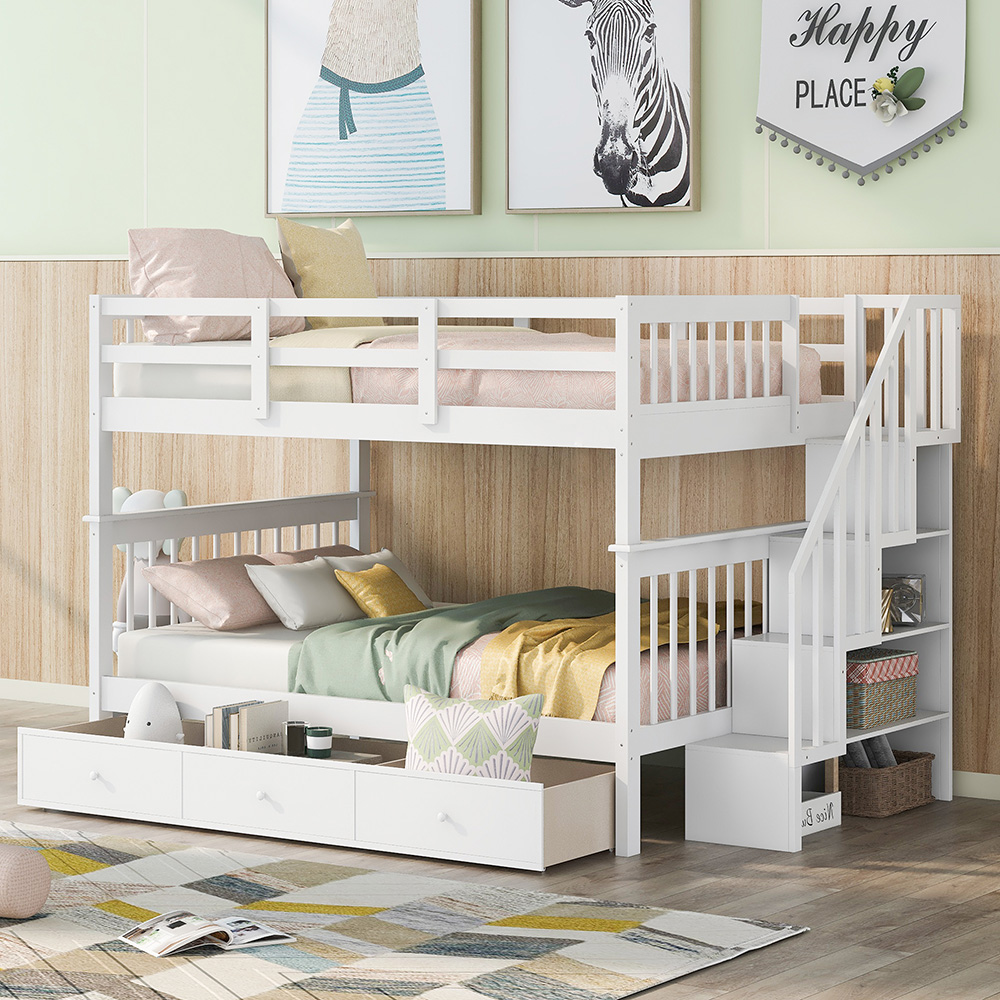 Full-Over-Full Size Bunk Bed Frame with Drawers, Storage Shelves, and Wooden Slats Support, for Kids, Teens, Boys, Girls (Frame Only) - White