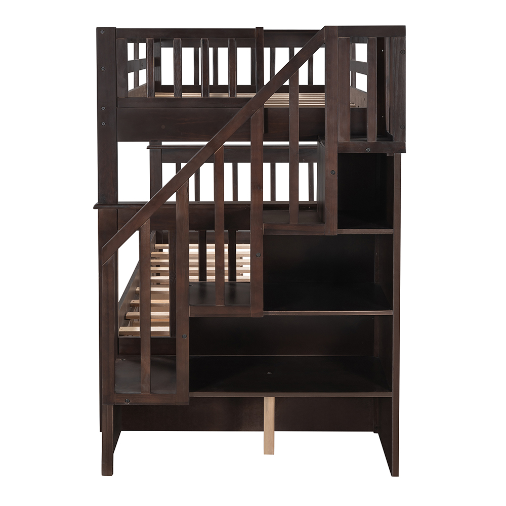 Twin-Over-Twin Size Detachable Bunk Bed Frame with Drawers, Storage Shelves, and Wooden Slats Support, for Kids, Teens, Boys, Girls (Frame Only) - Espresso
