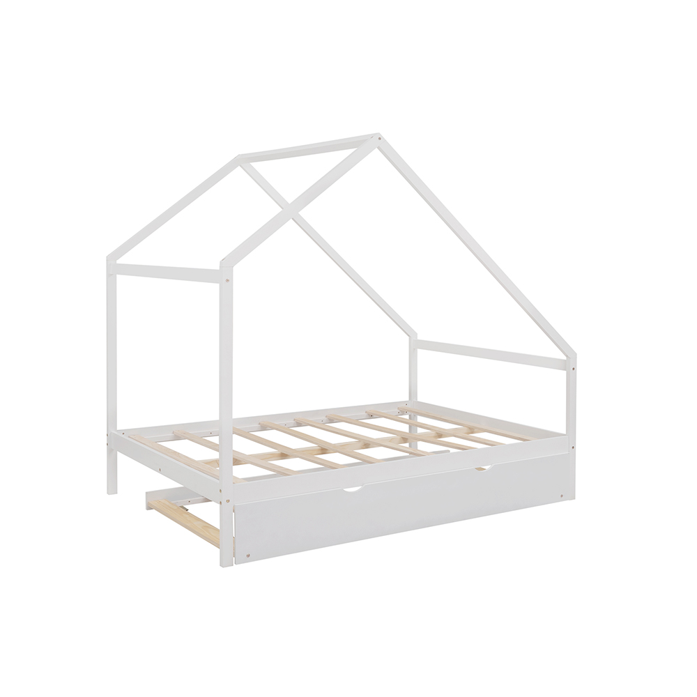 Full Size House-shaped Platform Bed Frame with Twin Size Trundle, and Wooden Slats Support, No Box Spring Needed (Only Frame) - White