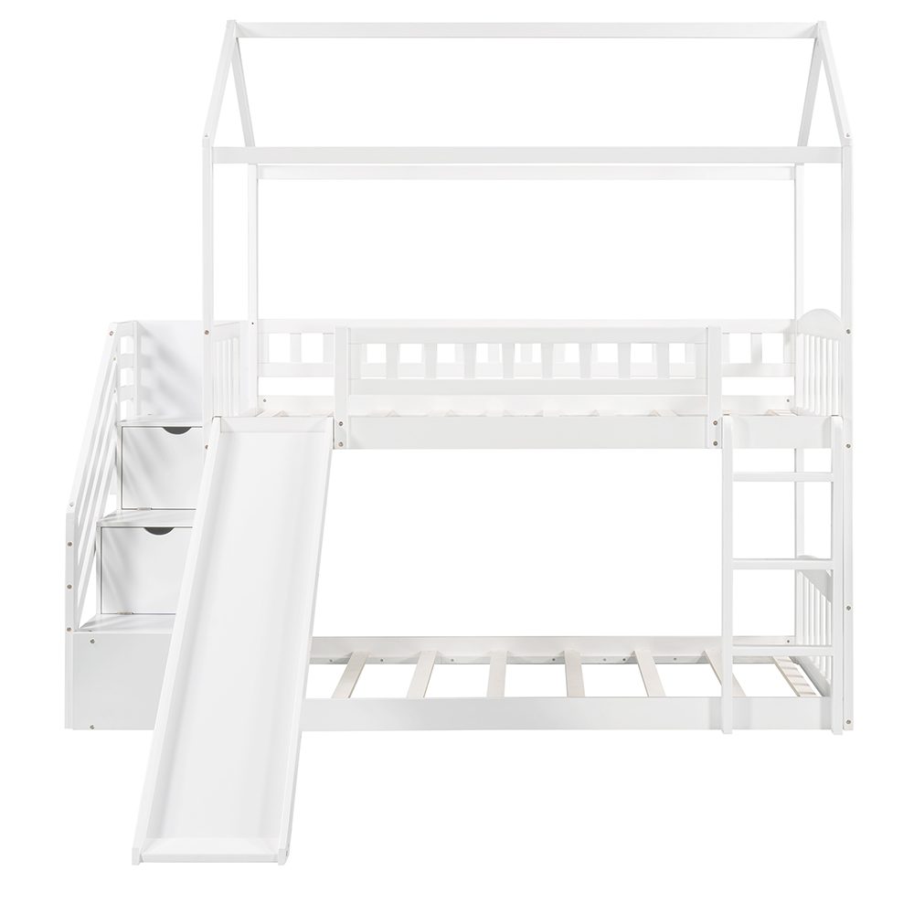 Twin-Over-Twin Size Bunk Bed Frame with Storage Stairs, Slide, and Wooden Slats Support, for Kids, Teens, Boys, Girls (Frame Only) - White