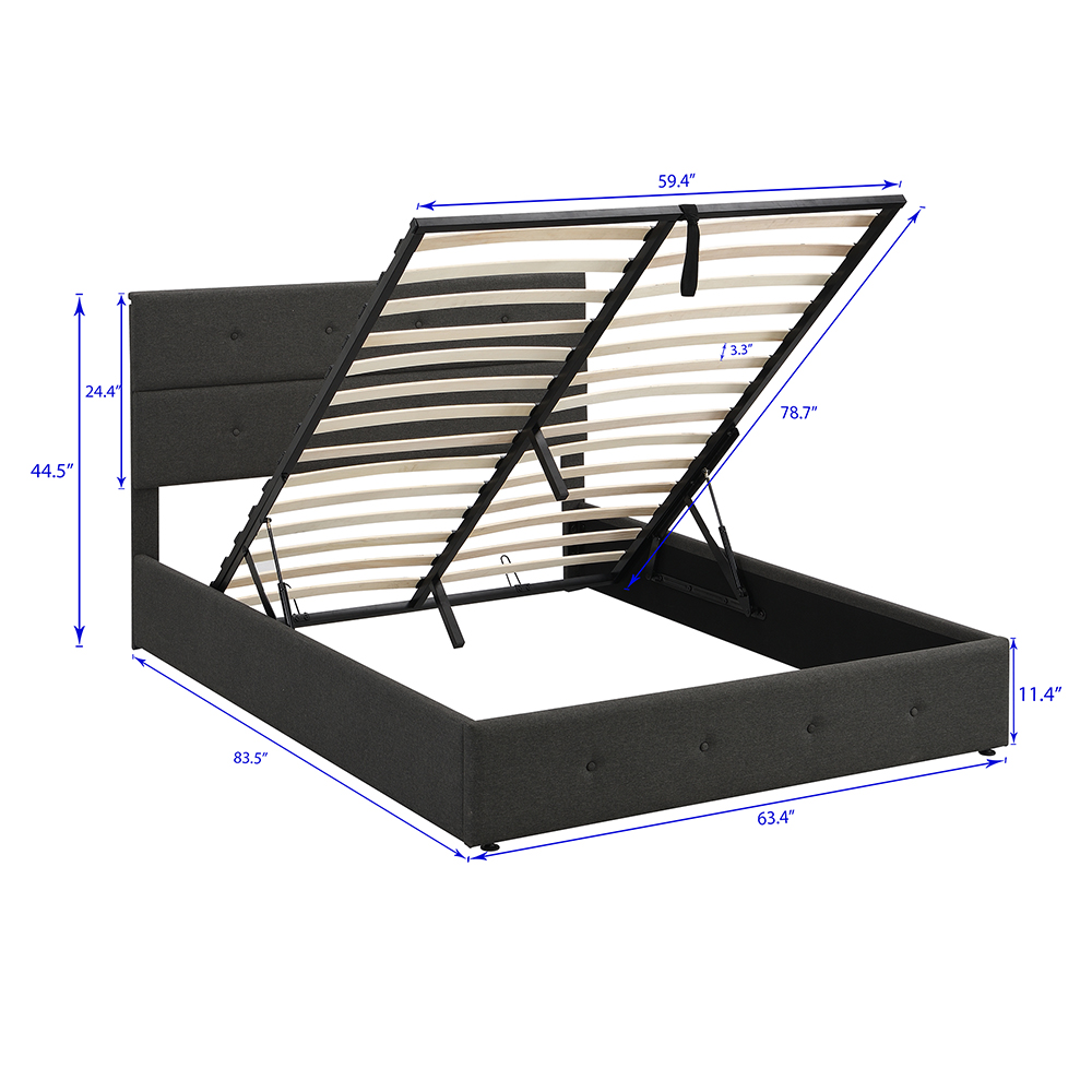 Queen Size Upholstered Platform Bed Frame with Storage Space, Headboard and Wooden Slats Support, No Box Spring Needed (Only Frame) - Gray