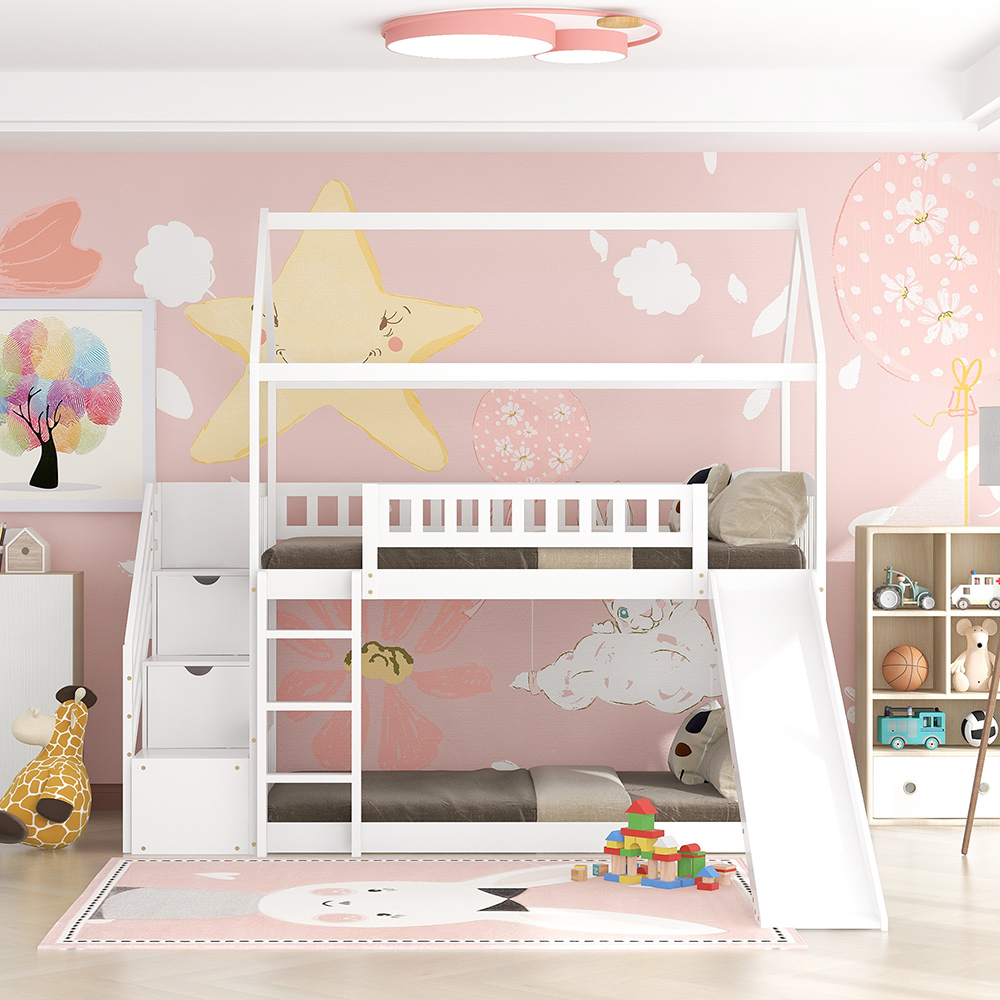 Twin-Over-Twin Size Bunk Bed Frame with Storage Stairs, Slide, and Wooden Slats Support, for Kids, Teens, Boys, Girls (Frame Only) - White
