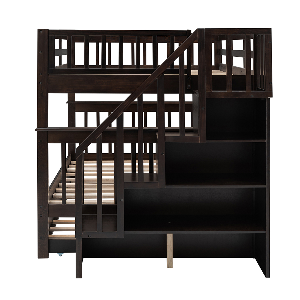 Full-Over-Full Size Bunk Bed Frame with Twin-Size Trundle, Storage Shelves, and Wooden Slats Support, for Kids, Teens, Boys, Girls (Frame Only) - Espresso
