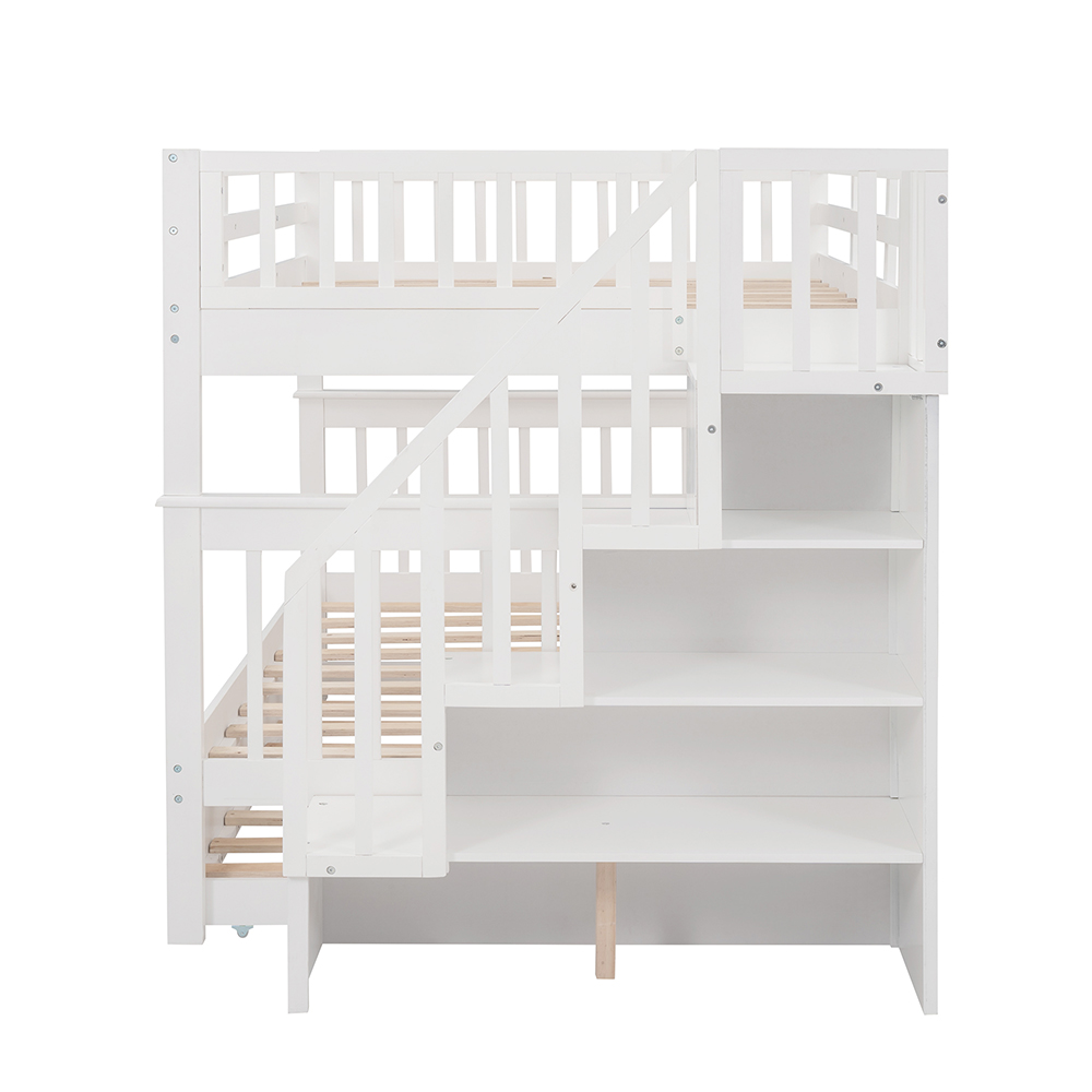 Full-Over-Full Size Bunk Bed Frame with Twin-Size Trundle, Storage Shelves, and Wooden Slats Support, for Kids, Teens, Boys, Girls (Frame Only) - White