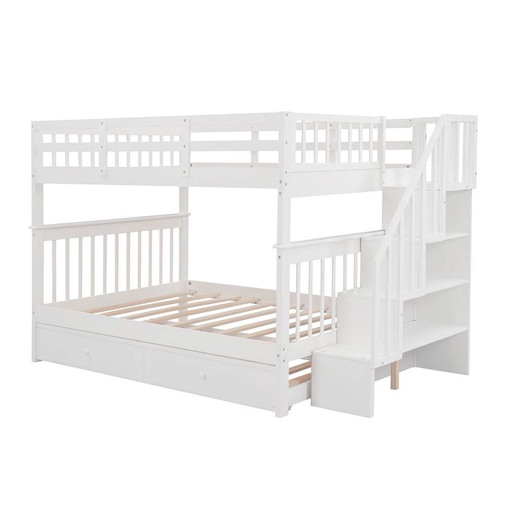 Full-Over-Full Size Bunk Bed Frame with Twin-Size Trundle, Storage Shelves, and Wooden Slats Support, for Kids, Teens, Boys, Girls (Frame Only) - White