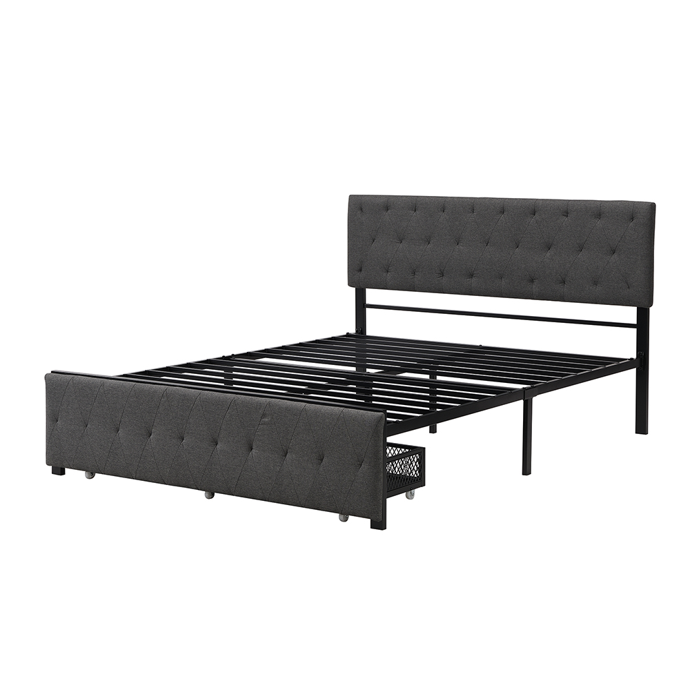 Queen Size Upholstered Platform Bed Frame with Storage Drawer, Headboard, and Metal Slats Support, No Box Spring Needed (Only Frame) - Gray