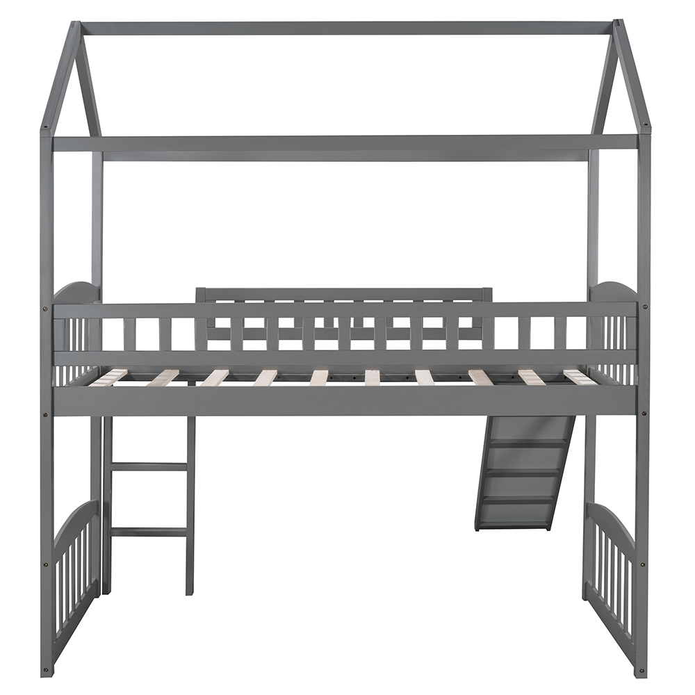 Twin-Size House-Shaped Loft Bed Frame with Slide, Ladder and Wooden Slats Support, No Box Spring Required, for Kids, Teens, Boys, Girls (Frame Only) - Gray