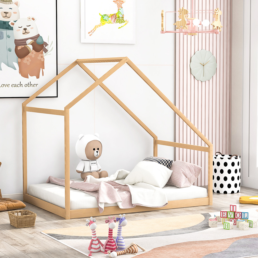 Full Size House-shaped Platform Bed Frame with Wooden Slats Support, No Box Spring Needed (Only Frame) - Natural