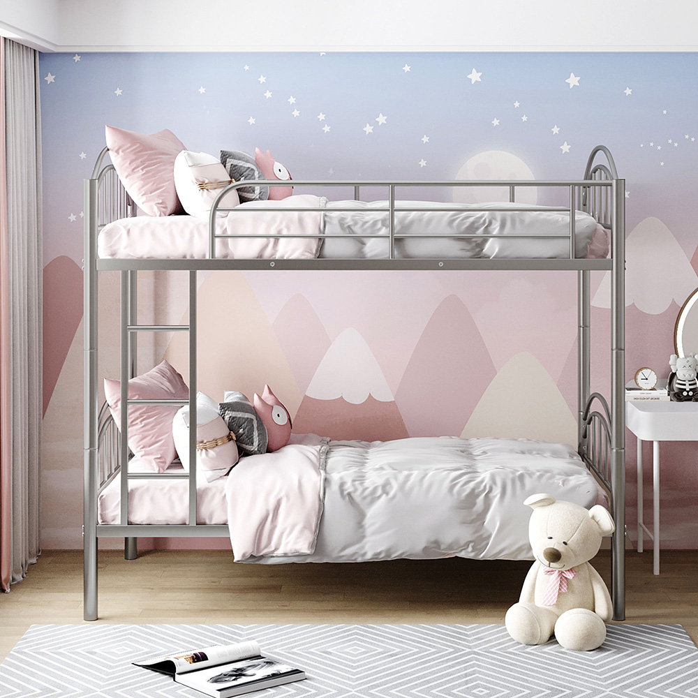 Twin-Over-Twin Size Splittable Bunk Bed Frame with Ladder, and Metal Slats Support, for Kids, Teens, Boys, Girls (Frame Only) - Silver