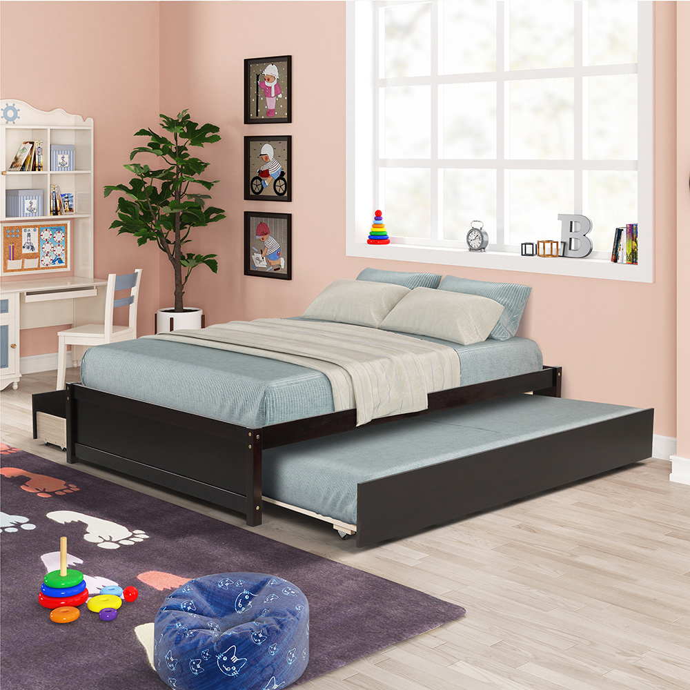 Full Size Platform Bed Frame with Twin Size Trundle, 2 Storage Drawers, and Wooden Slats Support, No Box Spring Needed (Only Frame) - Espresso