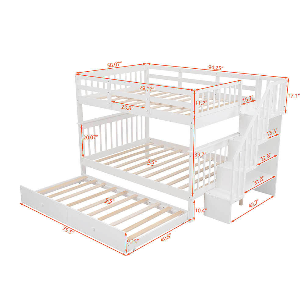 Full-Over-Full Size Bunk Bed Frame with Twin-Size Trundle, Storage Shelves, and Wooden Slats Support, for Kids, Teens, Boys, Girls (Frame Only) - White