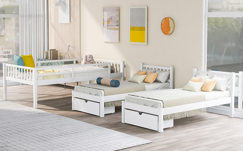 Full-Over-Twin Size Detachable Bunk Bed Frame with 2 Storage Drawers, Ladder, and Wooden Slats Support, for Kids, Teens, Boys, Girls (Frame Only) - White