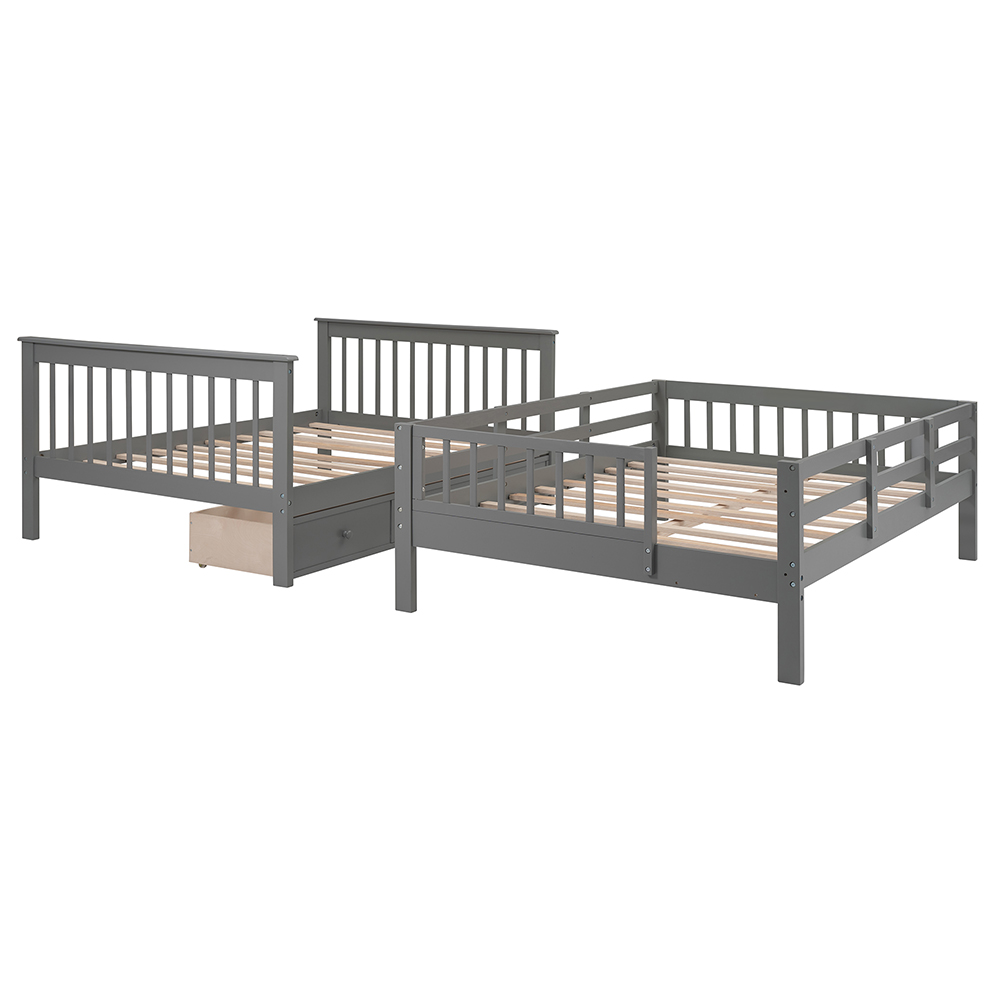 Full-Over-Full Size Bunk Bed Frame with Drawers, Storage Shelves, and Wooden Slats Support, for Kids, Teens, Boys, Girls (Frame Only) - Gray
