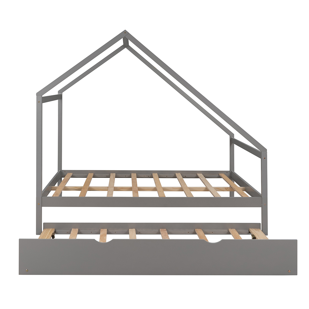 Full Size House-shaped Platform Bed Frame with Twin Size Trundle, and Wooden Slats Support, No Box Spring Needed (Only Frame) - Gray