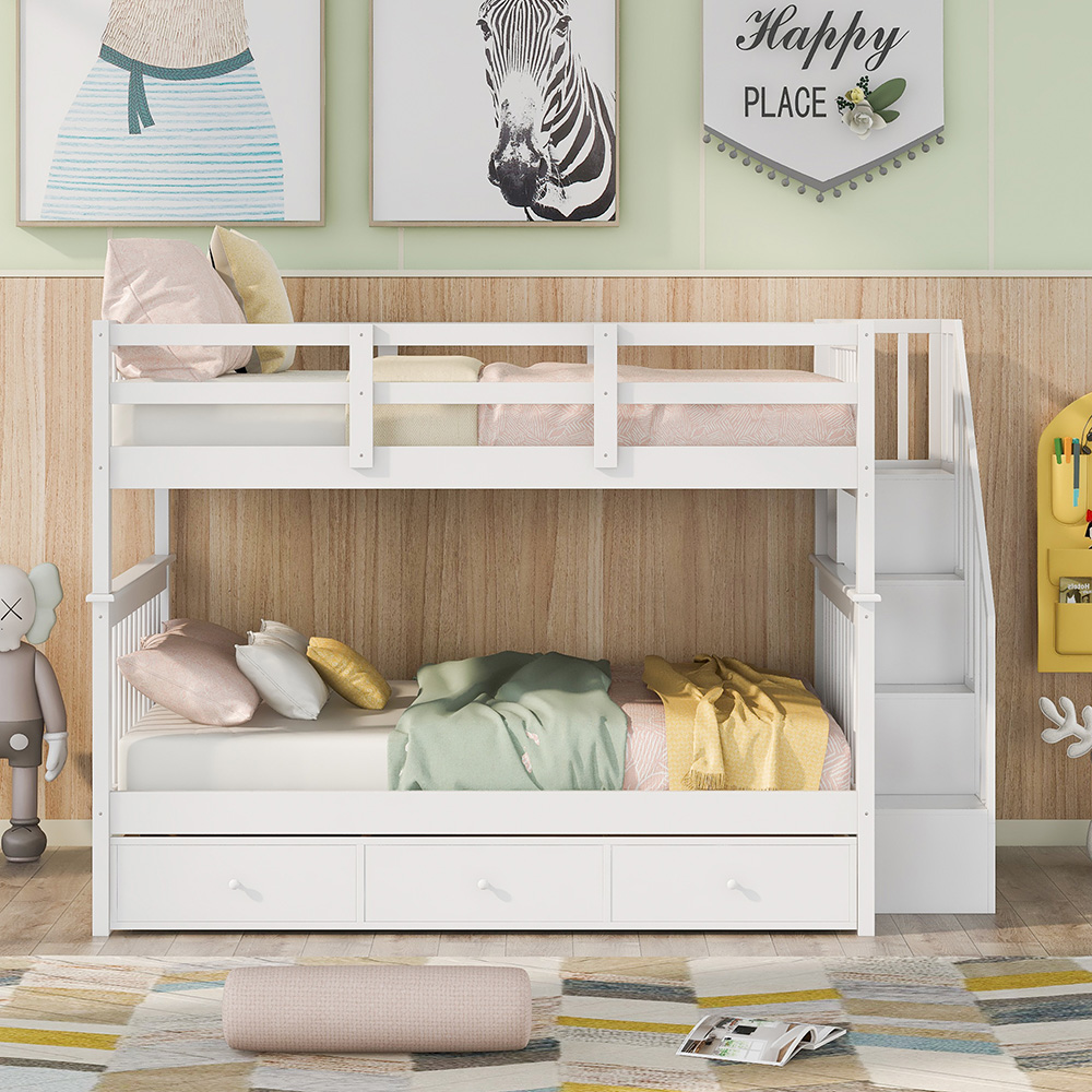 Full-Over-Full Size Bunk Bed Frame with Drawers, Storage Shelves, and Wooden Slats Support, for Kids, Teens, Boys, Girls (Frame Only) - White
