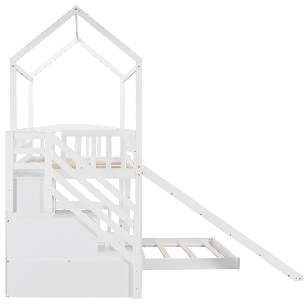 Twin-Over-Twin Size House-shaped Bunk Bed Frame with 2 Storage Drawers, Slide, Ladder, and Wooden Slats Support, for Kids, Teens, Boys, Girls (Frame Only) - White
