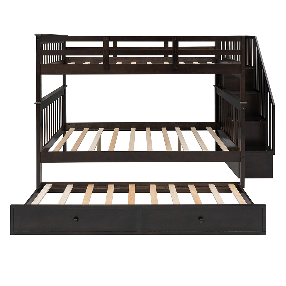 Full-Over-Full Size Bunk Bed Frame with Twin-Size Trundle, Storage Shelves, and Wooden Slats Support, for Kids, Teens, Boys, Girls (Frame Only) - Espresso