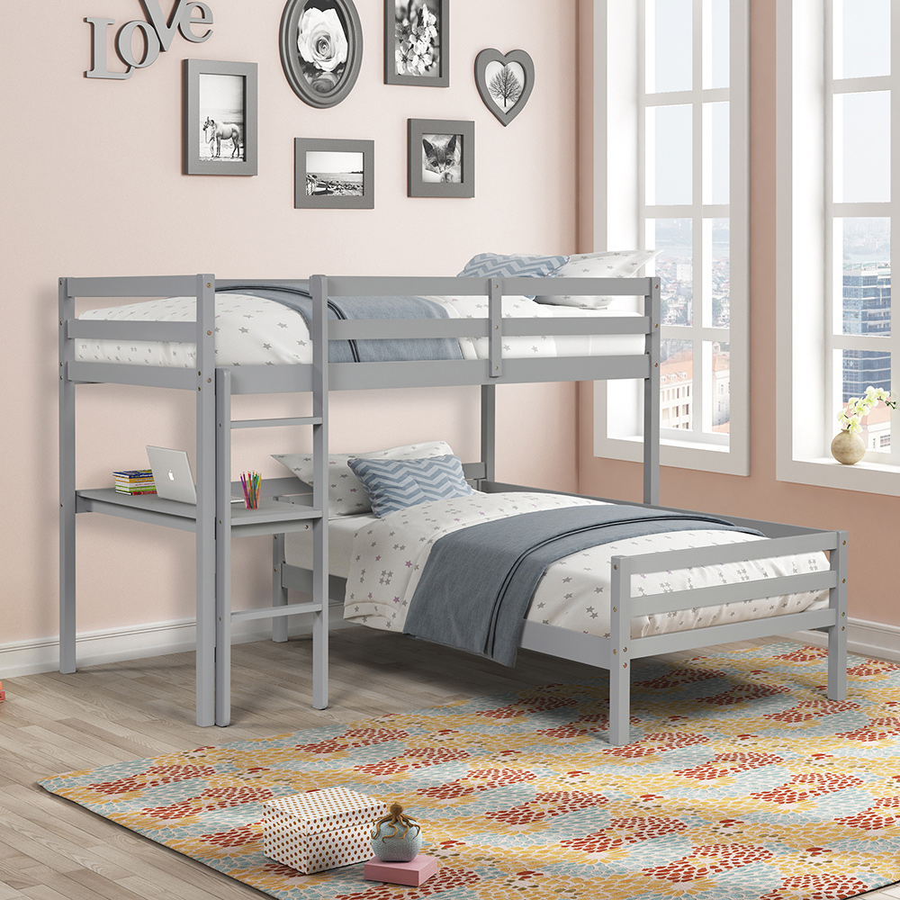 Twin-Over-Twin Size L-shaped Bunk Bed Frame with Desk, Ladder, and Wooden Slats Support, for Kids, Teens, Boys, Girls (Frame Only) - Gray