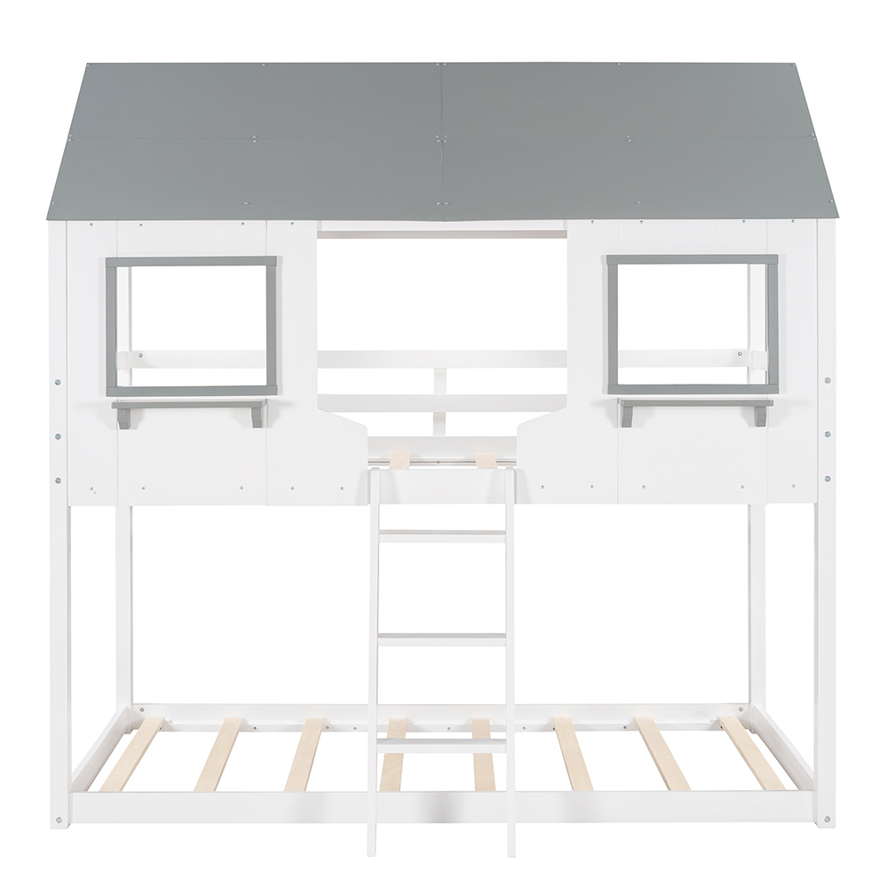 Twin-Over-Twin Size House-shaped Bunk Bed Frame with Ladder, and Wooden Slats Support, for Kids, Teens, Boys, Girls (Frame Only) - White