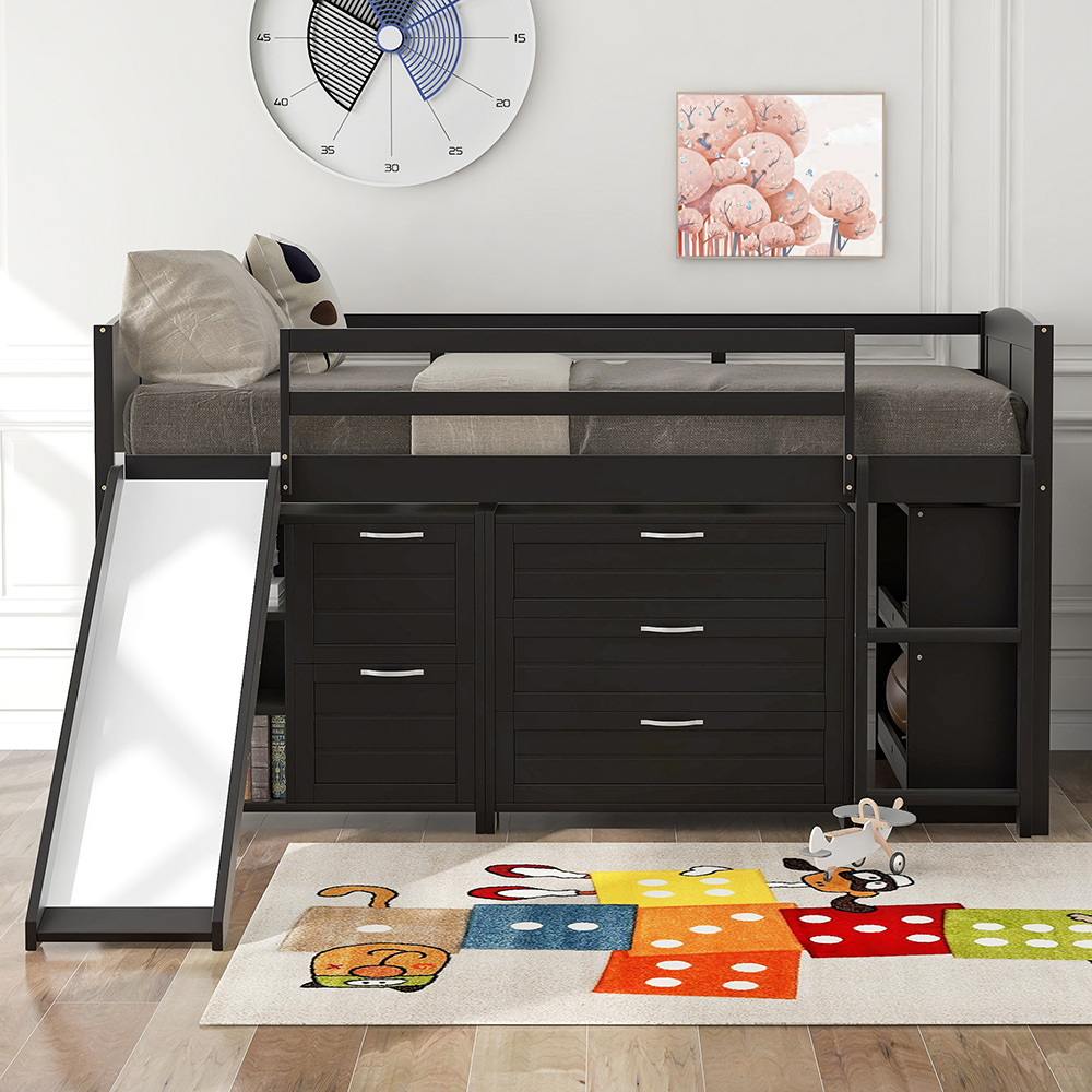 Twin-Size Loft Bed Frame with Storage Cabinets, Shelves, Slide, and Wooden Slats Support, No Box Spring Required, for Kids, Teens, Boys, Girls (Frame Only) - Espresso