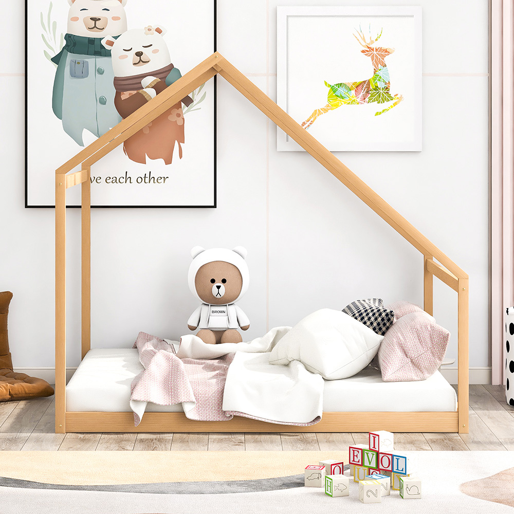 Full Size House-shaped Platform Bed Frame with Wooden Slats Support, No Box Spring Needed (Only Frame) - Natural