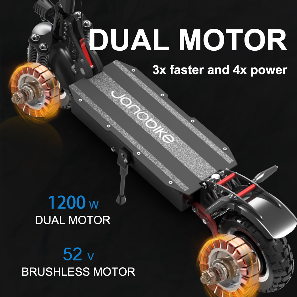 JANOBIKE T10 Pro Folding Off-Road Electric Scooter 10 inch 23Ah Battery 1200W * 2 Motor 10 Inch Wheels Aluminum Alloy Body Max Speed 70km/h up to 80KM Range Hydraulic brake with seat - Black