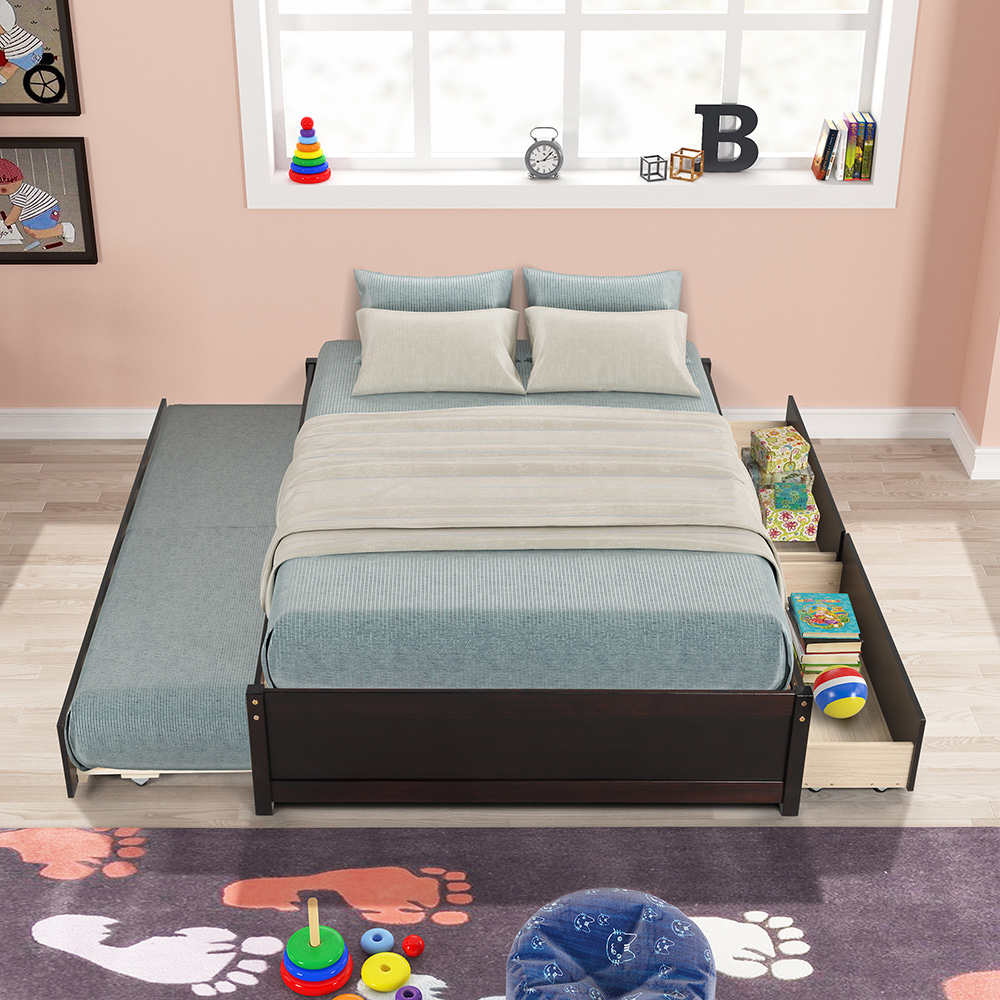 Full Size Platform Bed Frame with Twin Size Trundle, 2 Storage Drawers, and Wooden Slats Support, No Box Spring Needed (Only Frame) - Espresso