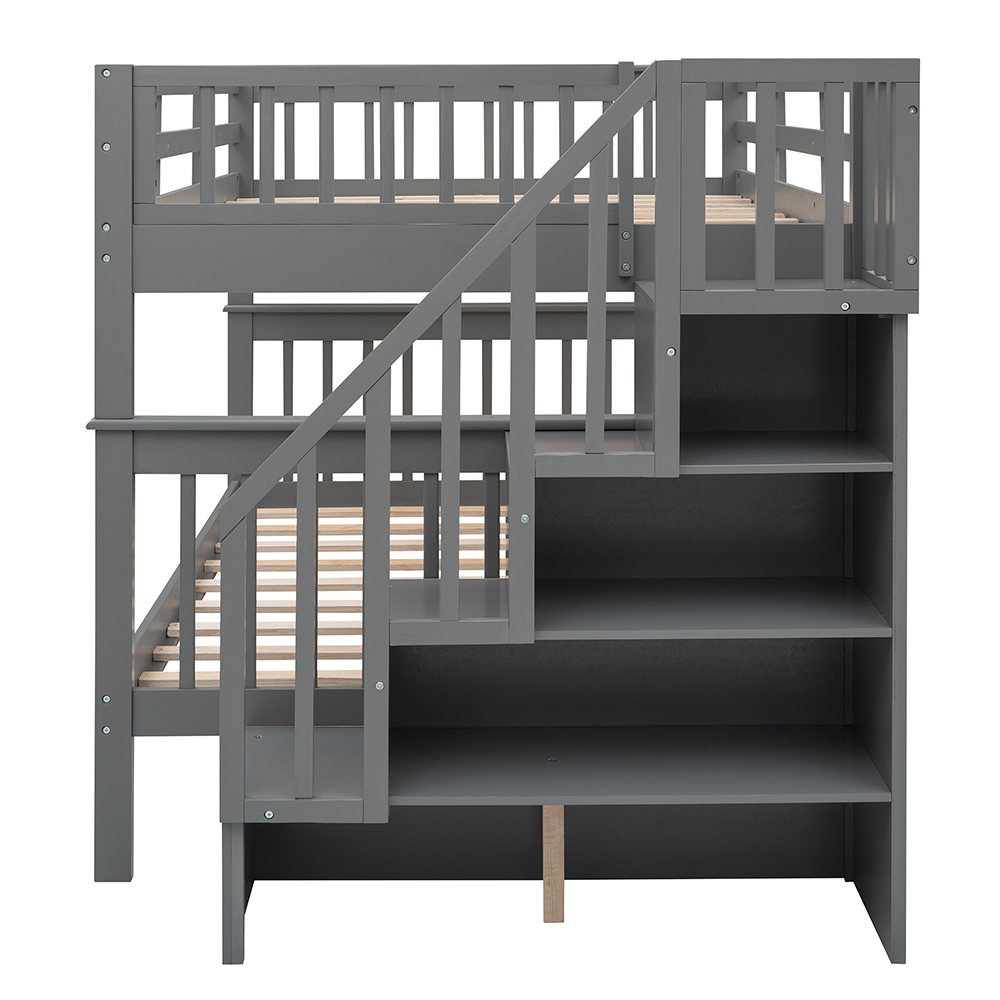 Full-Over-Full Size Bunk Bed Frame with Storage Stairs, Ladder, and Wooden Slats Support, for Kids, Teens, Boys, Girls (Frame Only) - Gray