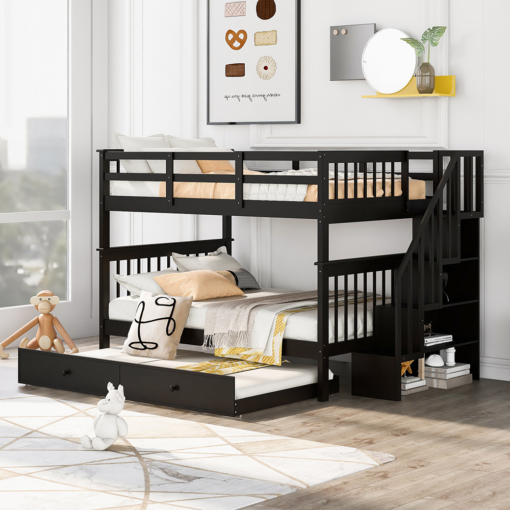 Full-Over-Full Size Bunk Bed Frame with Twin-Size Trundle, Storage Shelves, and Wooden Slats Support, for Kids, Teens, Boys, Girls (Frame Only) - Espresso