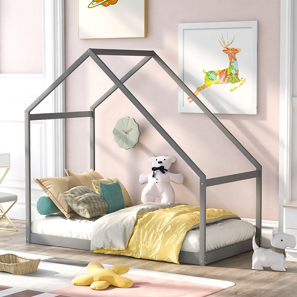 Twin Size House-shaped Platform Bed Frame, Box Spring Needed (Only Frame) - Gray