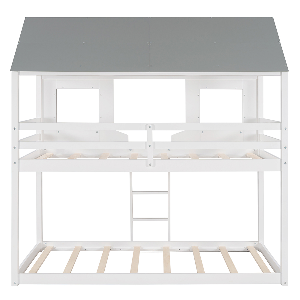 Twin-Over-Twin Size House-shaped Bunk Bed Frame with Ladder, and Wooden Slats Support, for Kids, Teens, Boys, Girls (Frame Only) - White