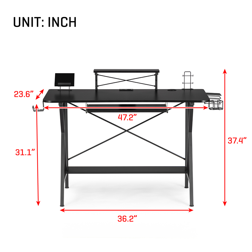 Home Office 47" Computer Desk with PC Stand, Keyboard Tray, MDF Tabletop and Metal Frame, for Game Room, Small Space, Study Room - Black