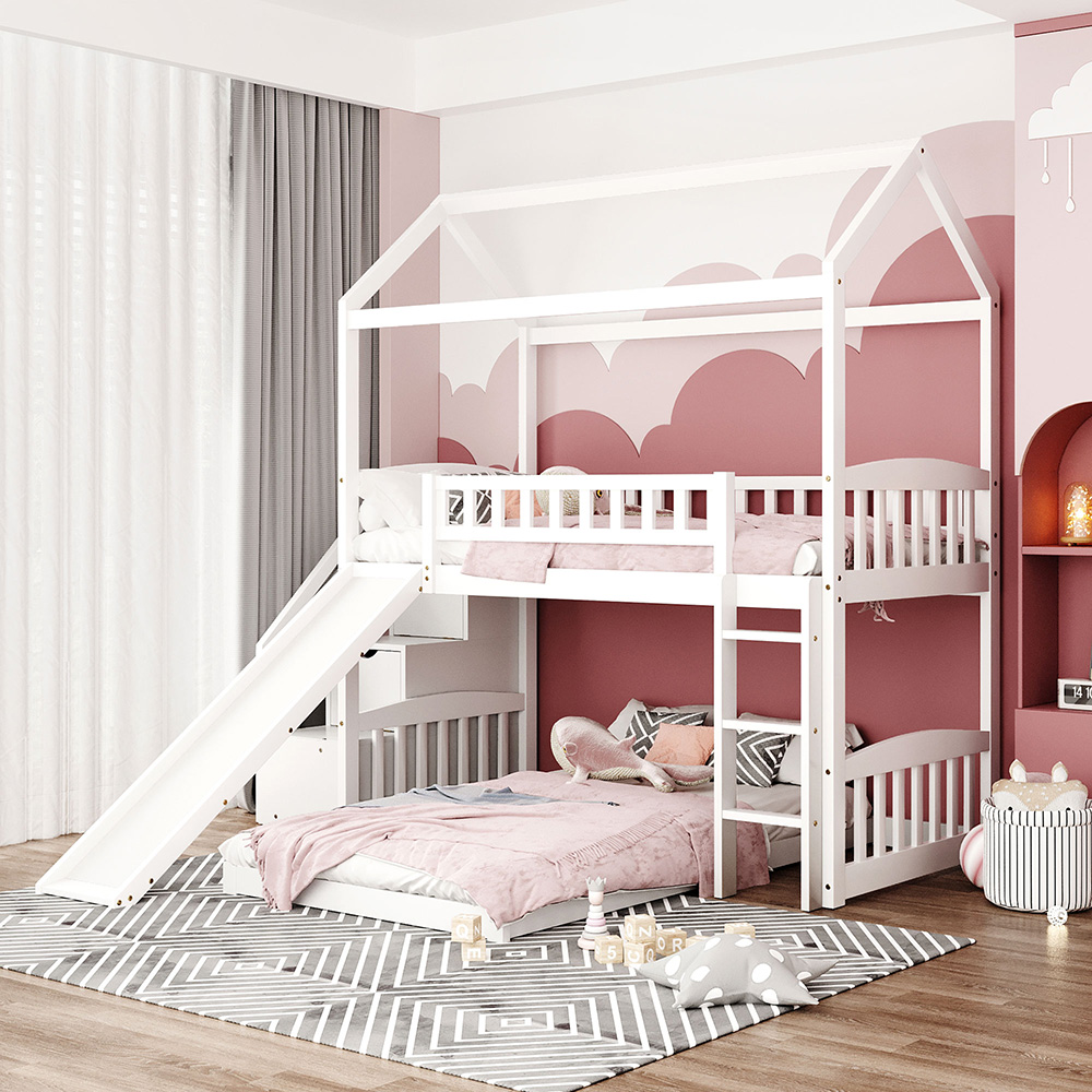 Twin-Over-Twin Size House-shaped Bunk Bed Frame with 2 Storage Drawers, Slide, Ladder, and Wooden Slats Support, for Kids, Teens, Boys, Girls (Frame Only) - White