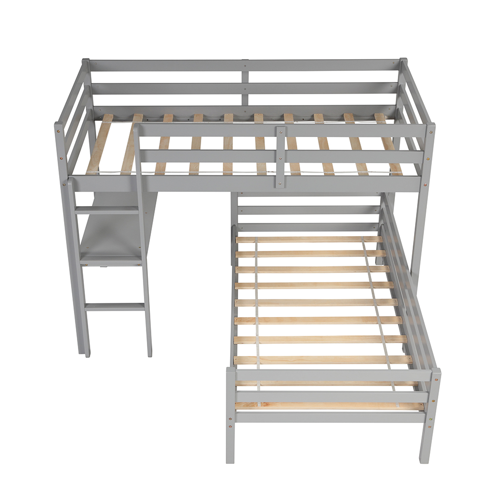 Twin-Over-Twin Size L-shaped Bunk Bed Frame with Desk, Ladder, and Wooden Slats Support, for Kids, Teens, Boys, Girls (Frame Only) - Gray