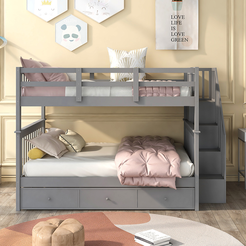Full-Over-Full Size Bunk Bed Frame with Drawers, Storage Shelves, and Wooden Slats Support, for Kids, Teens, Boys, Girls (Frame Only) - Gray